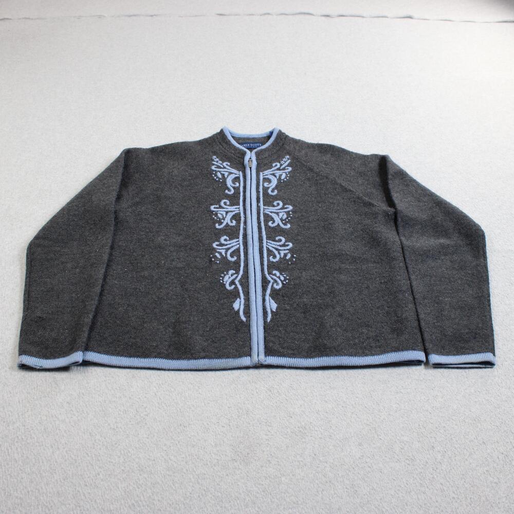 Karen Scott Wool Cardigan Sweater Women Large Petite Full Zip Floral Embroidered